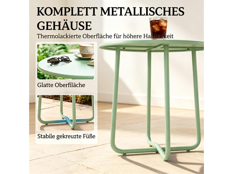  Table basse de jardin avec pieds croisés et patins réglables, style minimaliste, en métal, vert, ø 48 × 51 cm  - Conforama E