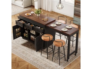 Îlot de cuisine noir avec rangement, table de bar extensible (131,5-210 cm), pivotant à 360°, pour petits espaces