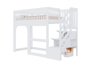 Lit surélevé enfant 90x200 cm avec aspect porte et fenêtre, led, escalier rangement, sommier, bois blanc sans matelas