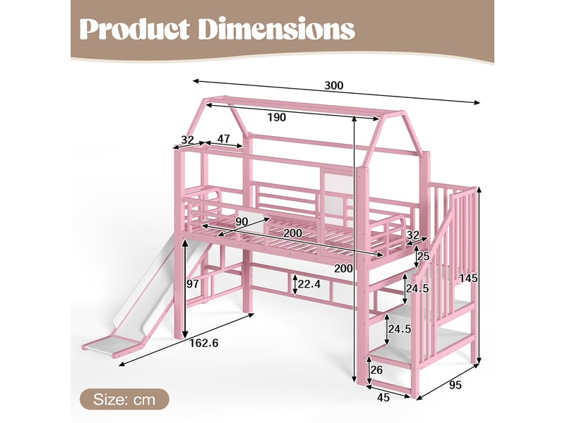 Lit mezzanine maison en métal, lit simple avec toboggan, escalier et led, 200x90 cm, matelas non précisé, rose - Conforama D