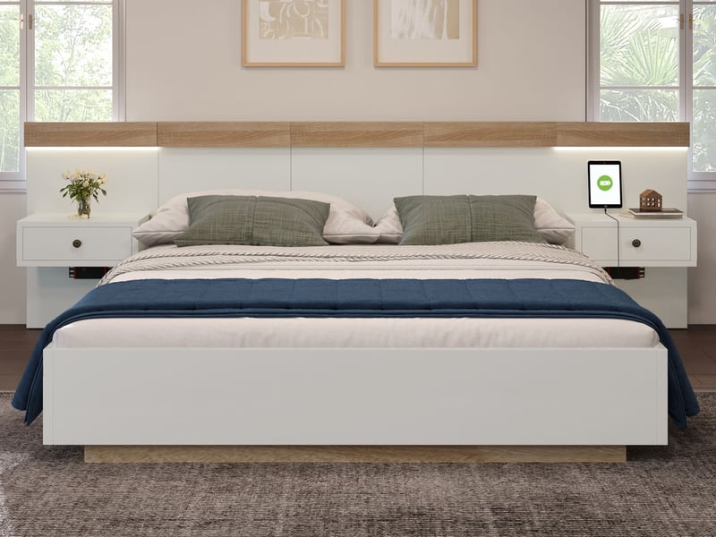  Lit double en bois, 180 x 200 cm, avec 2 tables de chevet (éclairage led et port usb-c) – finition chêne sonomablanc  - Conforama B