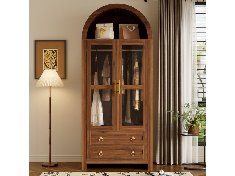  Armoire penderie 76x50x185 cm - 2 portes vitrées - 2 tiroirs - niche - led réglables - design arqué - mdf - noyer CozyNest - Conforama B