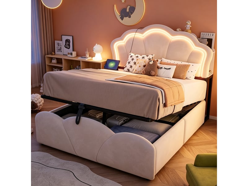  Lit coffre rembourré 140x200 cm coloris beige led velours  - Conforama E