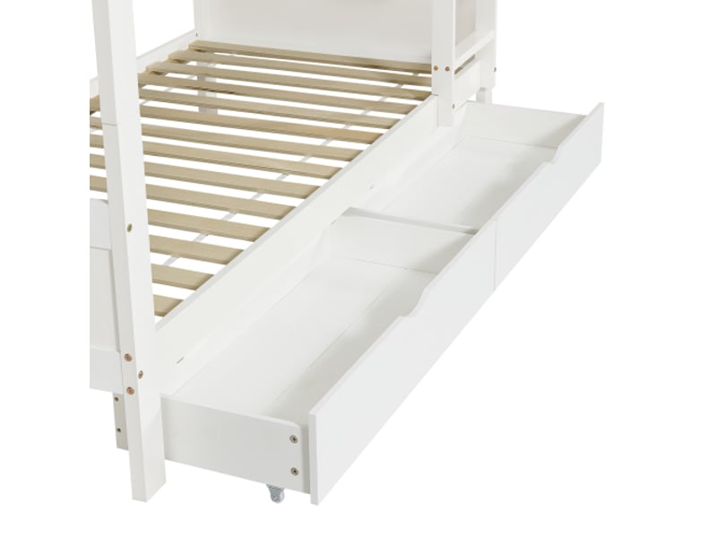 Lit superposé bois 90×200cm, séparable en 2 lits, échelle + tiroirs, pinmdf, blanc - Conforama E