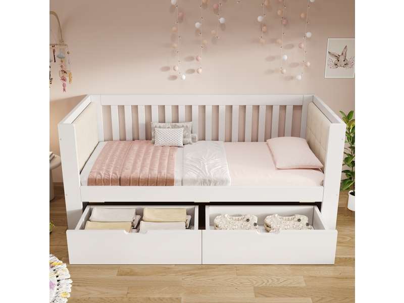 Lit banquette enfant 90x200 cm en bois blanc avec 2 tiroirs et dossier en velours - Conforama B