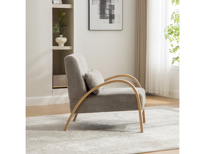 Fauteuil 70,5 x 82,5 x 80,5 cm – accoudoirs courbés en bois massif – tissu chenille - gris - Conforama E