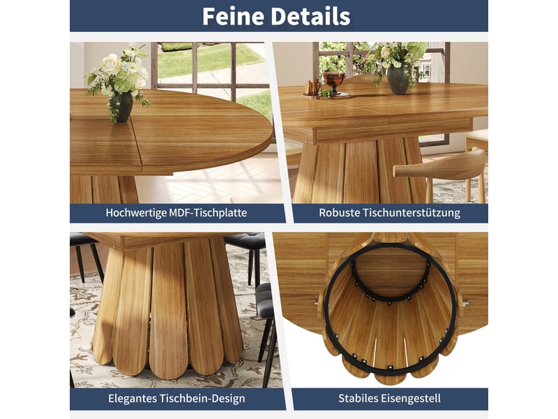  Table à manger extensible ronde, table de salle à manger en bois, 118-158 cm, jusqu'à 6 personnes  - Conforama E