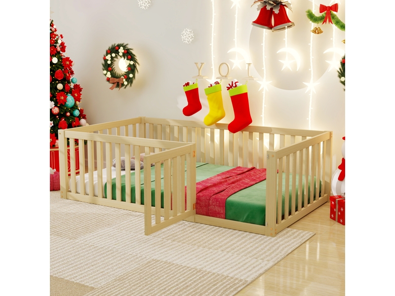 Lit enfant au sol 90x200 cm avec barrière et porte, coloris naturel - Conforama B