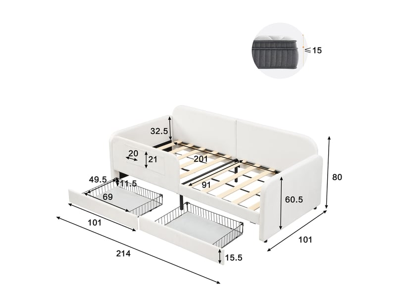  Lit cododo enfant 90x200cm, lit rembourré banquette avec barrière de sécurité et 2 tiroirs de rangement, velours et métal style moderne, blanc  - Conforama E