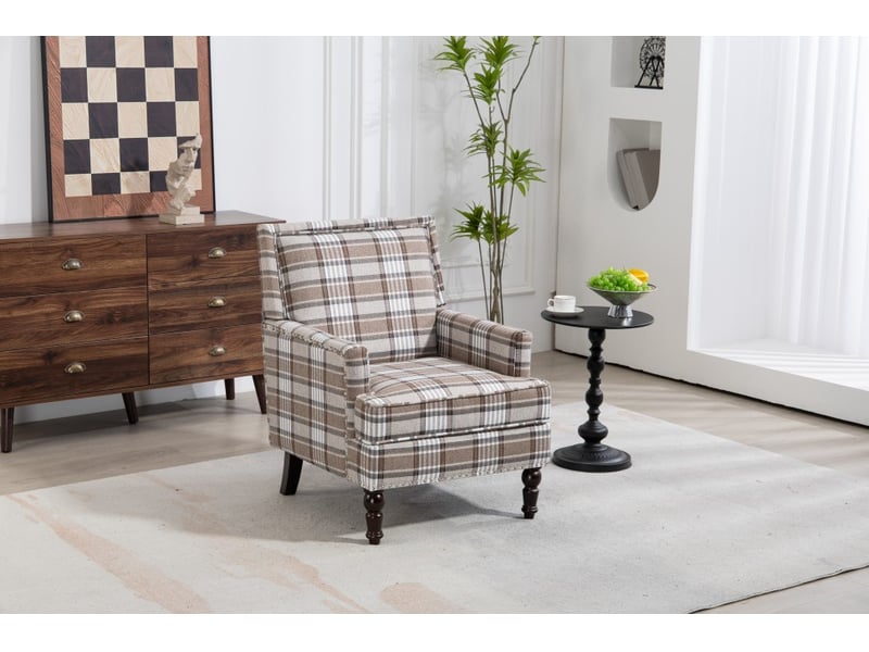  Fauteuil rembourré - 69x69x89 cm - finition clous et bois - style vintage luxe - tissu lin coton - rayures marron et blanc  - Conforama D