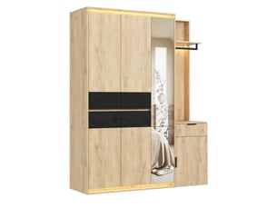 Armoire chambre 155x47x200 cm, vestiaire d'entrée moderne avec miroir et led, avec 3 tringles et 5 tiroirs, en mdf, chêne