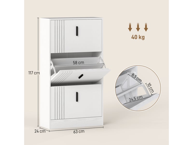  Meuble à chaussures armoire à chaussures à 3 abattants 18 paires grande capacité en bois 63 x 24 x 117 cm blanc  - Conforama D