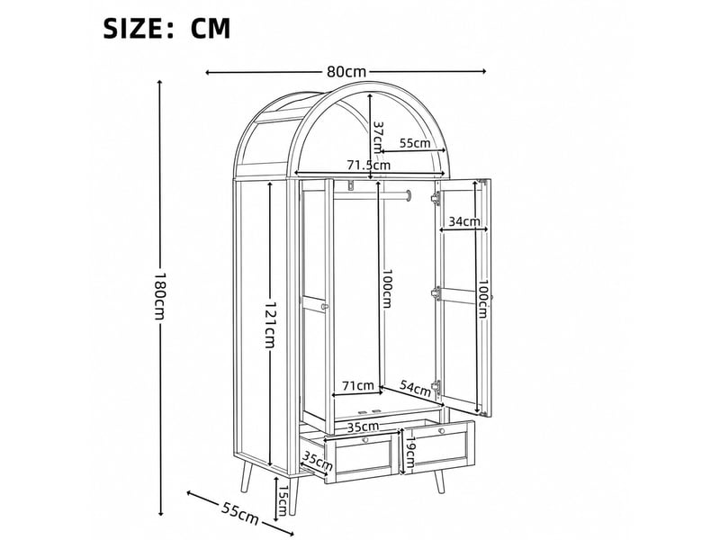  Armoire 80x55x180 cm 2 portes, 2 tiroirs et niche ouverte décor noyer et beige  - Conforama C