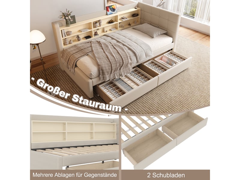  Lit banquette 90x200 lit de jour en lin beige avec 2 tiroirs - ports usb type c et étagères  - Conforama D