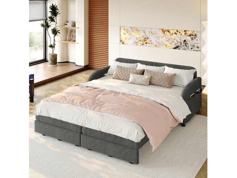  Canapé droit convertible 2 places en tissu gris, format 3-en-1 avec rangement latéral pour petits espaces  - Conforama B