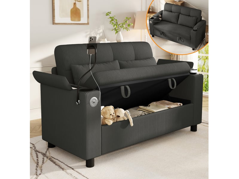  Canapé 2 places 136,5x79,5x83,6 cm rangement intégré bois gris  - Conforama B
