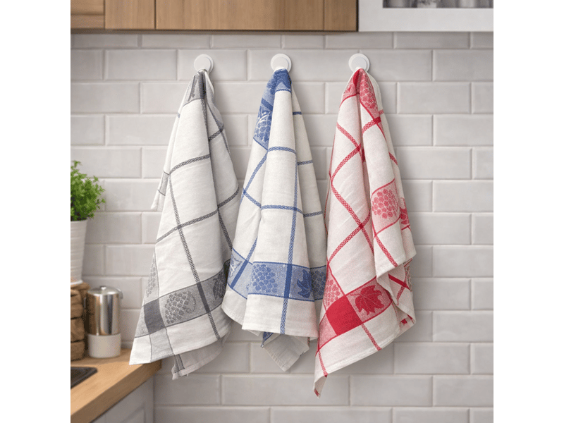  Lot de 6 torchons à carreaux motif feuilles de vignes bleu, rouge et gris 50x70 cm - 100% coton tissage jacquard  - Conforama B