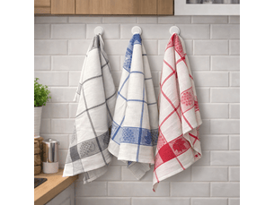 Lot de 6 torchons à carreaux motif feuilles de vignes bleu, rouge et gris 50x70 cm - 100% coton tissage jacquard