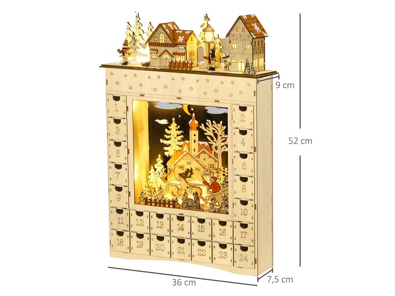 Calendrier de l'avent led en forme de village enneigé avec 24 tiroirs décoration lumineuse de noël beige  - Conforama E