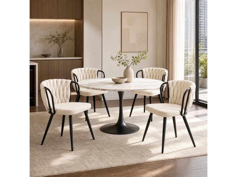  Chaise de salle à manger en velours avec dossier tressé ergonomique et pieds métalliques noirs, beige  - Conforama B