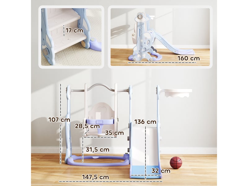  Toboggan et balançoire pour enfants 4 en 1 avec panier de basket et échelle, 147,5 x 160 x 107 cm, bleu clair  - Conforama C