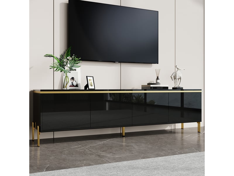  Meuble tv noir brillant 170 cm avec 4 portes et pieds métal doré  - Conforama E