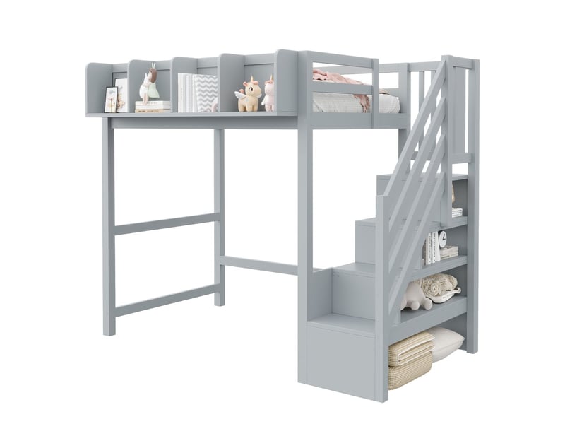  Lit mezzanine 90 x 200 cm garde-corps de sécurité tablette de rangement éclairage led échelle d'accès rangement ouvert sous le lit coloris gris  - Conforama E