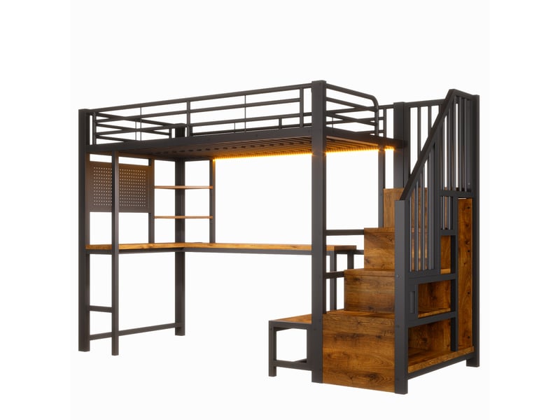 Lit mezzanine 90x200 cm noir, avec bureau, rangements, panneau perforé, échelle, led, usb-c, structure métal, sommier inclus, sans matelas - Conforama A