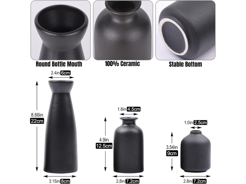  Ceramic vase set - 3 small vase for decoration for wedding table party living office bedroom (noir)  - Conforama B
