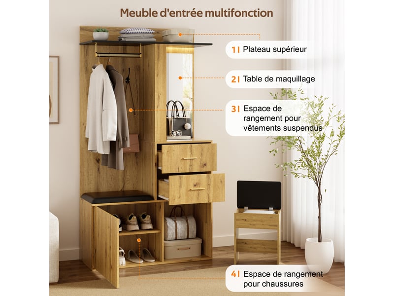  Vestiaire d'entrée 100x40x172,5 cm avec banc à chaussures, coiffeuse miroir led via appli, penderie, 2 tiroirs et tabouret escamotable  - Conforama E