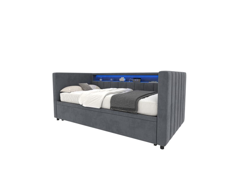  Canapé-lit 90x190 cm – couchage tirable, usb-c, led d'ambiance, velours gris, rangement – salon et chambre d'amis  - Conforama A
