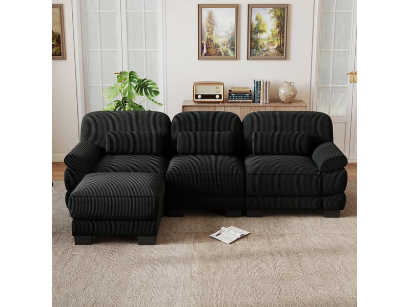  Canapé d'angle modulable 3 places 265x161x94 cm avec pouf en velours côtelé noir  - Conforama B
