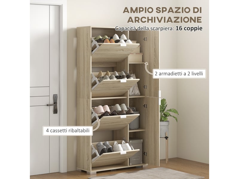  Meuble à chaussures avec miroir effet chêne, 4 tiroirs rabattables, 2 placards, 16 paires  - Conforama W