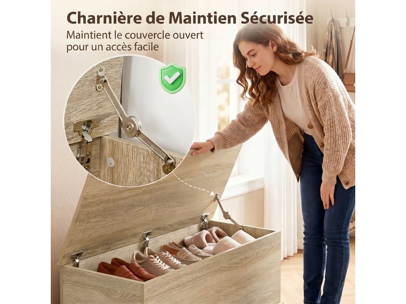  Coffre de rangement, banc de rangement avec couvercle rabattable et charnières de sécurité, naturel, 100 x 40 x 40 cm  - Conforama E