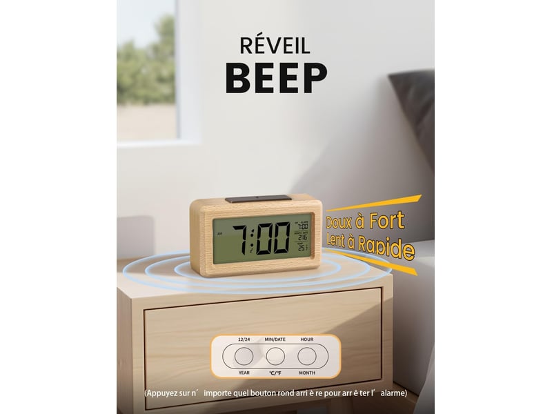  Sveglia digitale in legno, orologio digitale lcd | silenziosa (sans ticchettio), avec visualisation des données, température et fonction snooze  - Conforama C