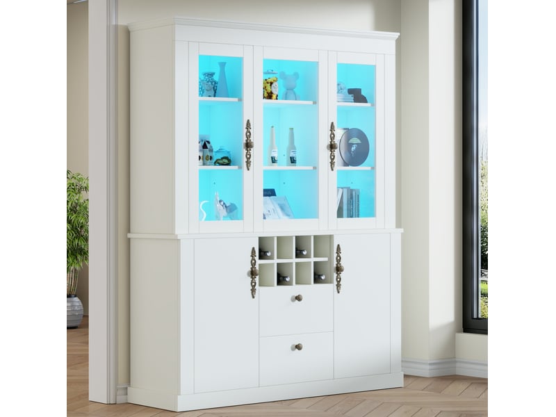  Vitrine 130x37,5x170,5 cm led avec 2 tiroirs panneau de particules blanche  - Conforama C