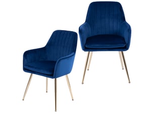 Lot de 2 chaises de salle à manger en velours bleu avec accoudoirs et pieds dorés
