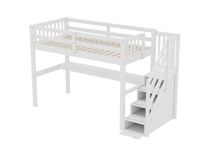  Lit mezzanine 90x200cm, lit enfant avec compartiments de rangement, table, barrière et sommier, pin blanc, sans matelas  - Conforama R