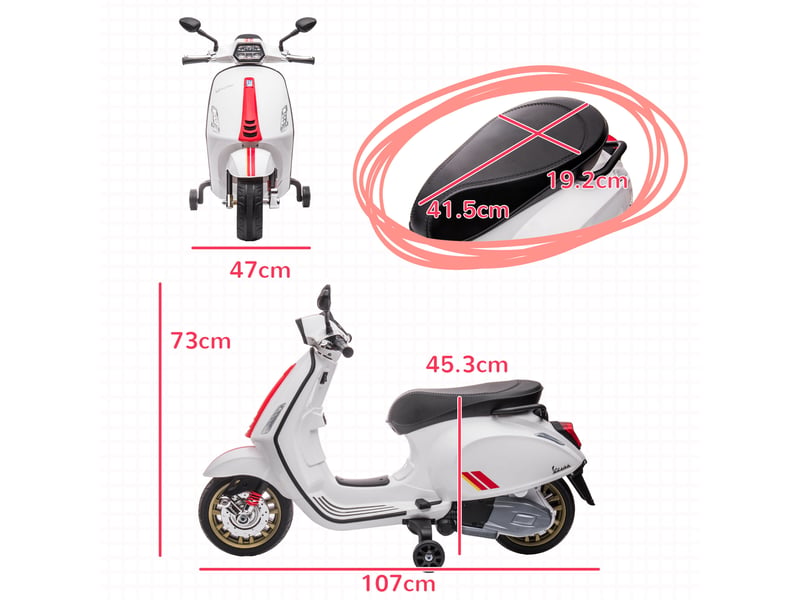  Moto vespa électrique pour enfants sous licence, avec stabilisateurs, phare et musique, en polypropylène et métal, 107 x 47 x 73 cm, blanche  - Conforama E