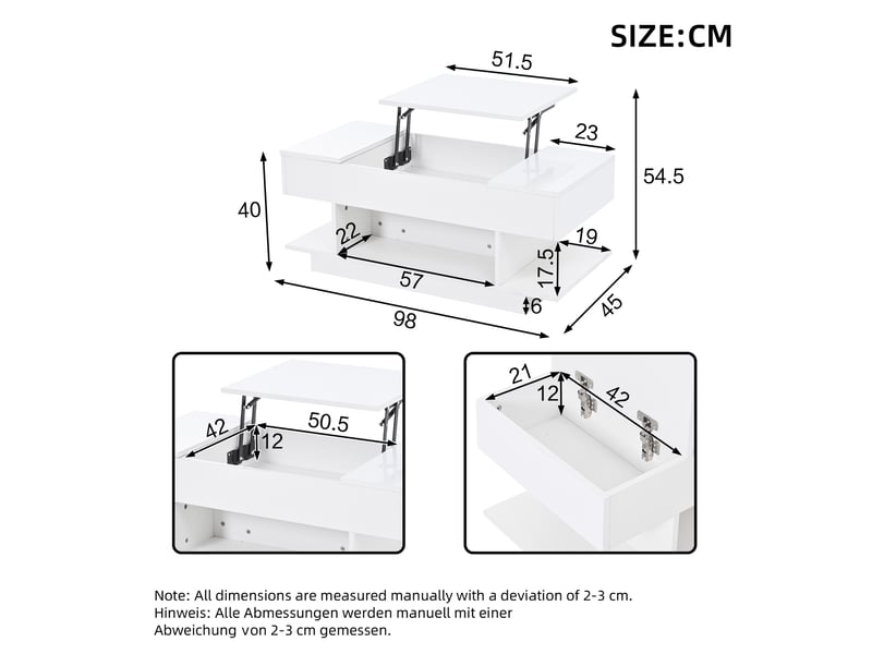  Table basse relevable rectangulaire blanc - 45x98 cm led panneau de particules table basse blanc - Conforama C