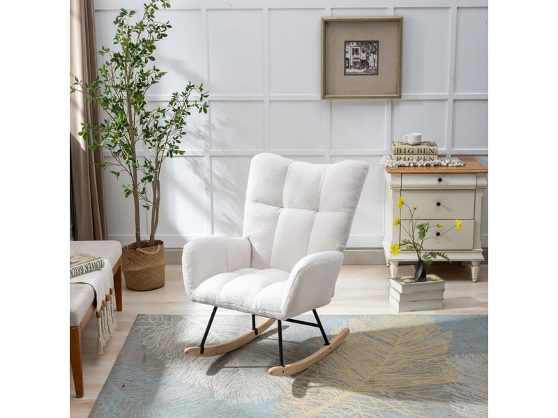  Fauteuil à bascule ergonomique avec dossier à oreilles et accoudoirs, structure bois métal en tissu teddy blanc  - Conforama C