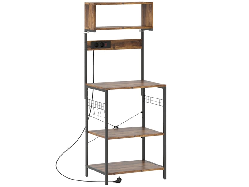  Étagère de cuisine avec prises 60x42x153cm, meuble micro-ondes industriel marron rustique (sans matelas).  - Conforama A