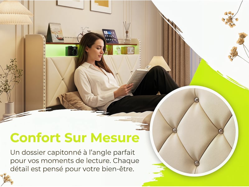  Lit coffre 140x200 cm - led intégrée et rangement - tête de lit avec étagères - sommier relevable - design moderne  - Conforama E
