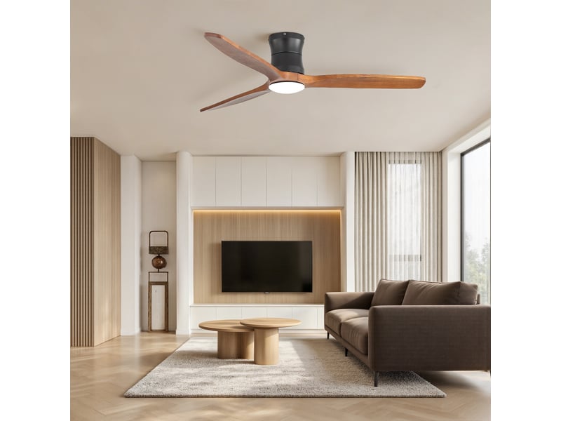  Ventilateur de plafond 132 cm avec éclairage et télécommande, luminaire de ventilateur silencieux pour chambre et salon, 3 pales en bois massif, noir  - Conforama D