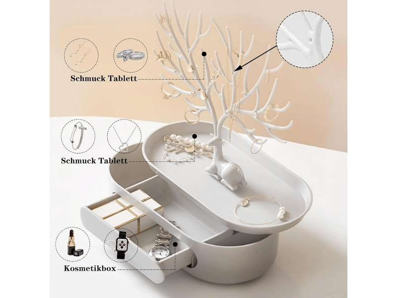  Présentoir à bijoux, blanc arbre à bijoux 3 in1 porte bijoux avec tiroir jewelry stand rangement, présentoir pour bijoux en bois de cerf  - Conforama B