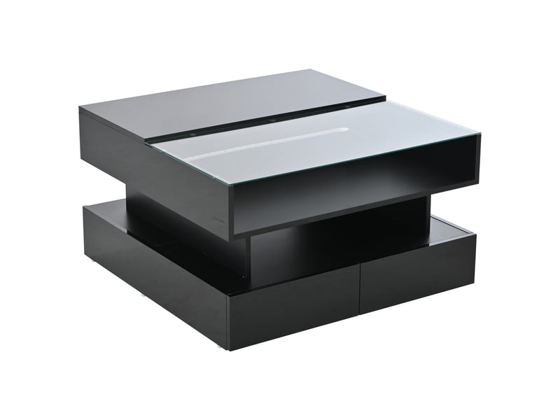  Table basse 80 x 80 x 45 cm, réglable en hauteur, avec rangement dissimulé et 2 tiroirs, table d'appoint avec éclairage led, finition laquée brillante, en verre trempé noir.  - Conforama D