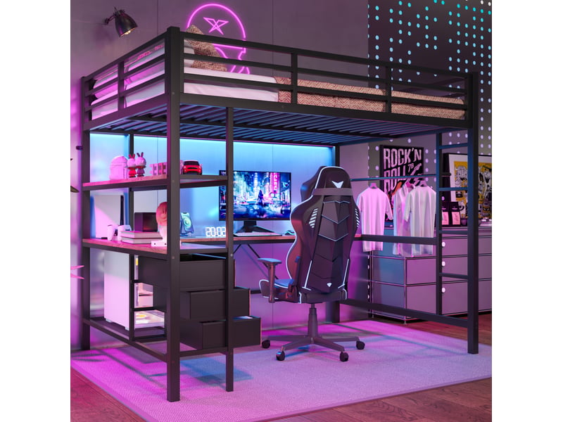  Lit mezzanine 140 x 200 cm noir avec bureau, éclairage led, prise et port usb, rangements  - Conforama D