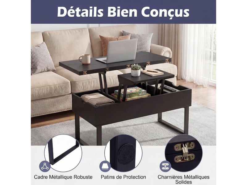 Table basse relevable 3 en 1, table d'appoint extensible avec compartiments de rangement cachés, pieds métalliques, meuble d'appoint (noir) - Conforama C
