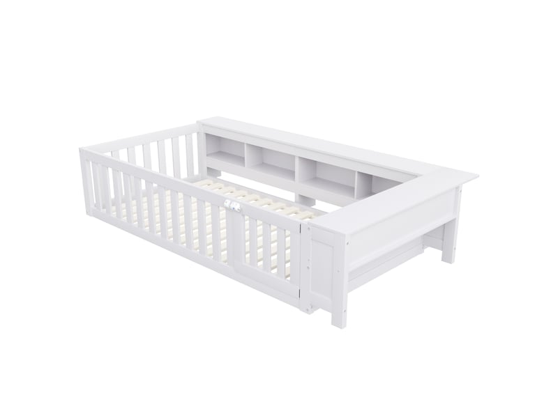  Lit enfant 90x200 cm, étagère, espace de rangement, garde-corps, sommier, bois blanc, sans matelas  - Conforama R