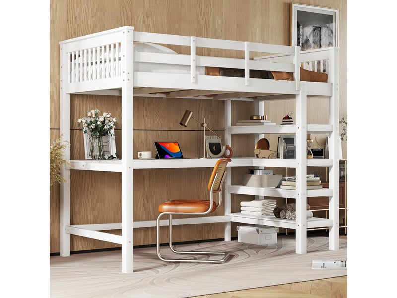  Lit mezzanine enfant 90 × 200 cm 1 place avec bureau et étagères, sans matelas, en pin et mdf, blanc  - Conforama E